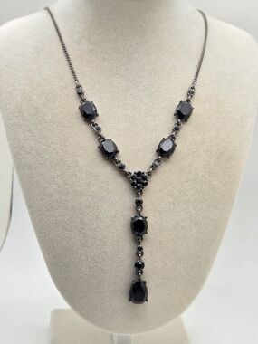 Trifari Gunmetal & Black Crystal Y-Drop Statement Necklace - 20"